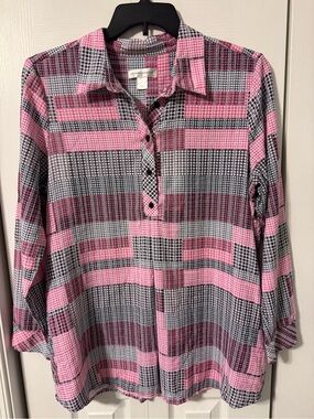 Christopher & Banks Pink and Gray Patterned Button-Down Tunic